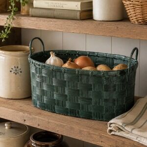 Vintage Dark Green Wicker Storage Basket Oval Handled Basket Cottage Decor